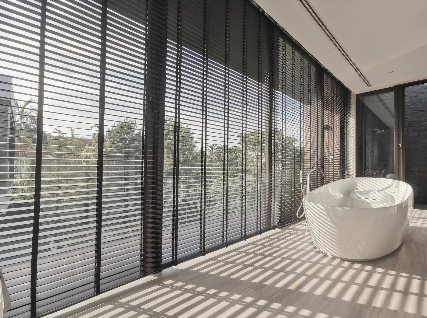 Bathroom, wooden blinds, afternoon shadows